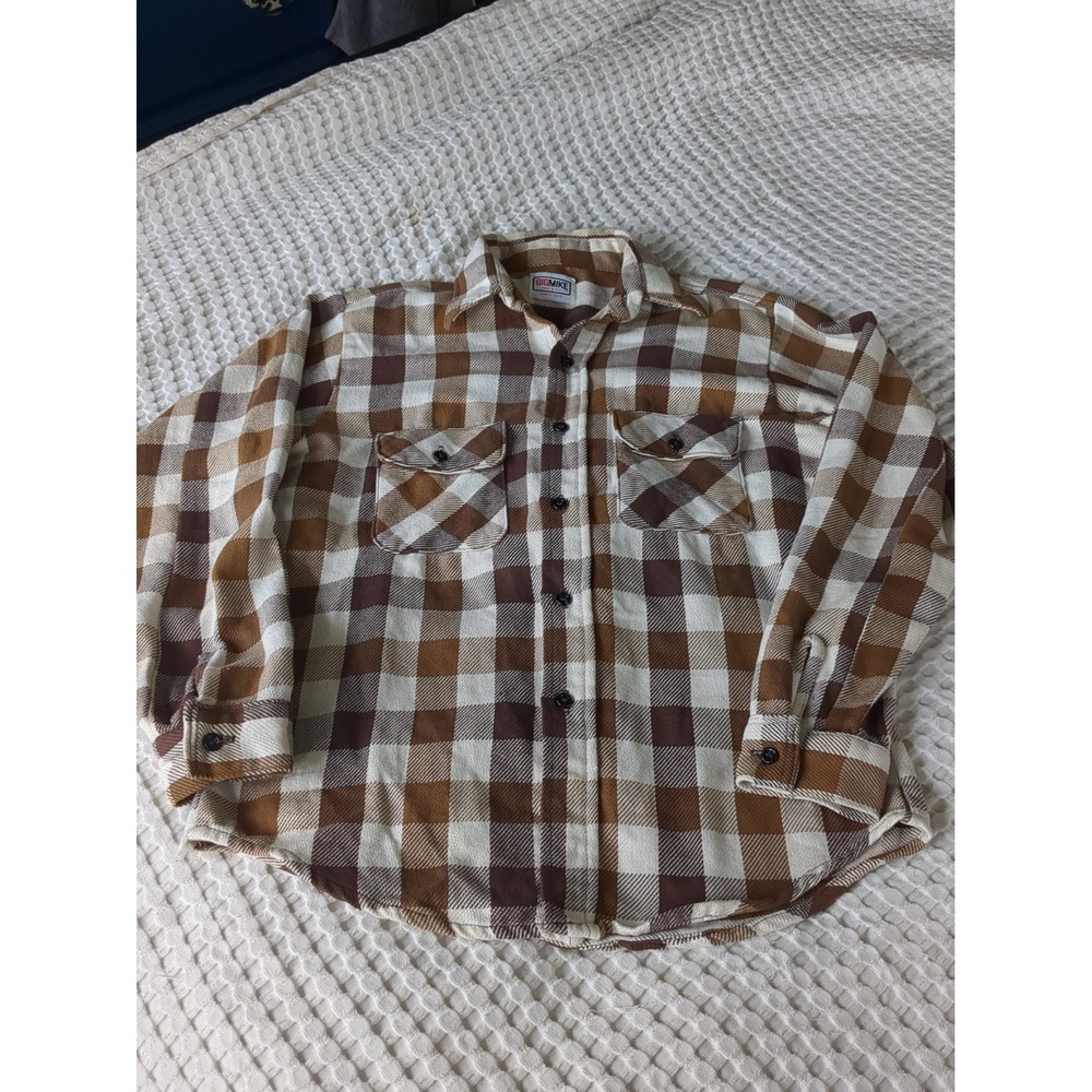 VTG Big Mike Flannel Shirt Checks Sz Medium Brown Cream Button Up Long Sleeve